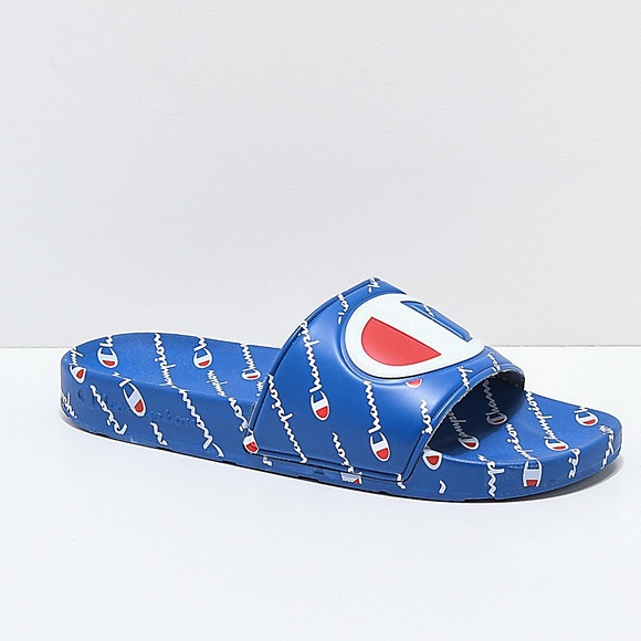 champion men's slide sandals repeating logo